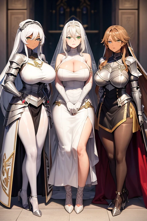 a masterpiece of,(perfect anatomia:1.4), best qualtiy, high_resolution, Fine details, highly detailed and beautiful, Distinct_image, (Four girls), , a blond,Red-eyed, standing split,(huge-breasted), (tits out),Curve,Full body,(weddingdress),(thighhigh),brownish colors,Egyptian costume,all-fours,to close range,