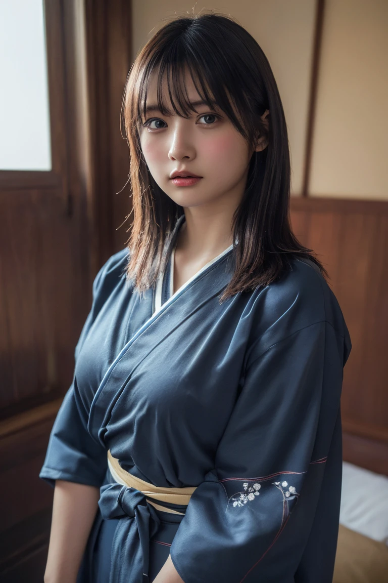 (Highest quality:1.4),(masterpiece:1.4),(Realistic:1.4),(Realistic:1.2),(超High resolution, RAW Photos:1.4),(High resolution, Very detailed:1.2),(8K:1.2),Cheki,a photo of a dark-haired,One Girl,alone,(wearing Kimono),Big Breasts,((Upper Body:1.3)),Medium Hair,Low image quality、blurred
