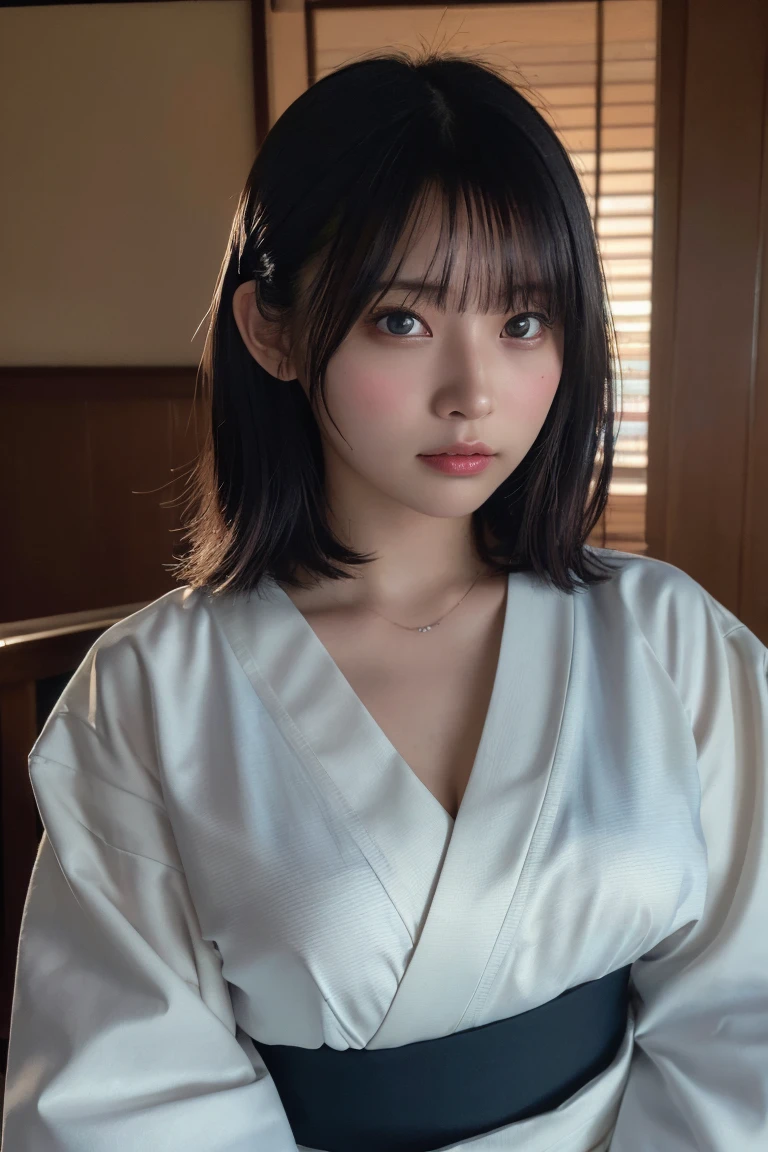 (Highest quality:1.4),(masterpiece:1.4),(Realistic:1.4),(Realistic:1.2),(超High resolution, RAW Photos:1.4),(High resolution, Very detailed:1.2),(8K:1.2),Cheki,a photo of a dark-haired,One Girl,alone,(wearing Kimono),Big Breasts,((Upper Body:1.3)),Medium Hair,Low image quality、blurred
