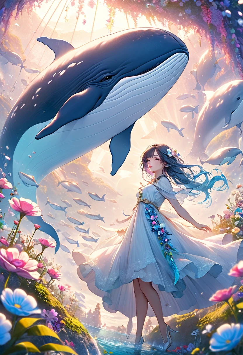 a whimsical fantasy illustration of a flying whale girl in the flower world, beautiful detailed eyes, beautiful detailed lips, extremely detailed eyes and face, longeyelashes, whale girl in the dream world, whalesflying, fantasy flower world landscape, magical atmosphere, soft pastel colors, dynamic posing, cinematic lighting, digital art, concept art, matte painting, (best quality,4k,8k,highres,masterpiece:1.2),ultra-detailed,(realistic,photorealistic,photo-realistic:1.37)