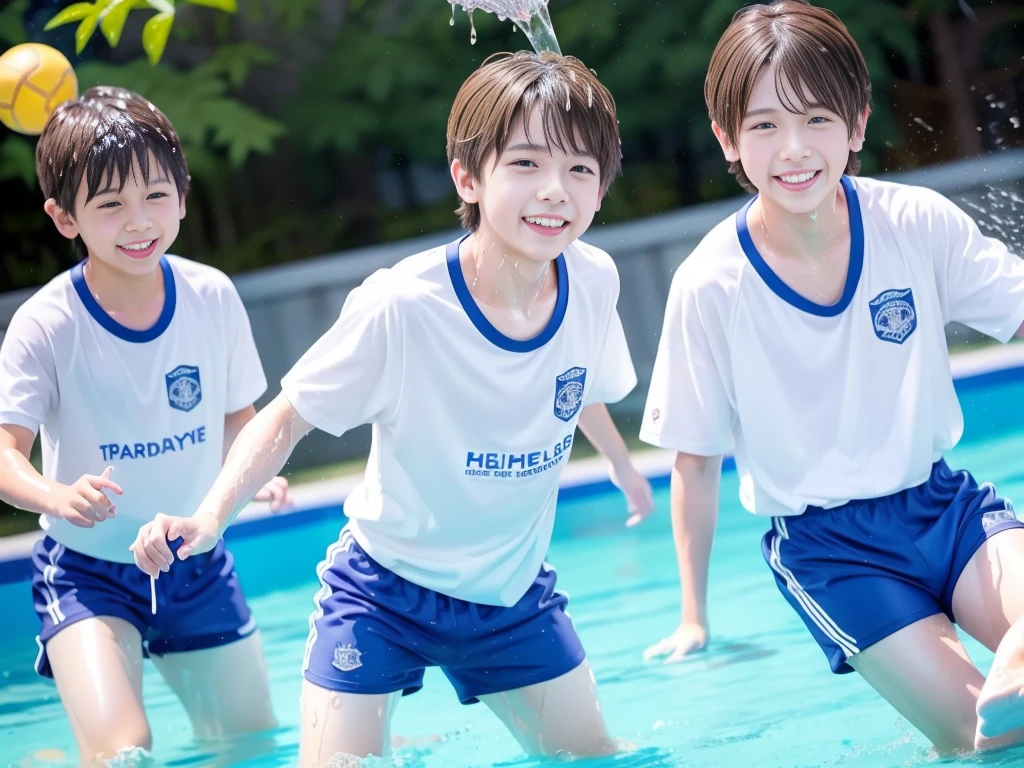 hot summer、primary school、Summer swimming pool、It is sunny、Pouring water on each other、Audible laughter、A lot of boys、Get wet all over、Japan Boy、Glowing water splashes、Pool lessons、Boy playing in water、The happy boys、Strong sunlight、Short sleeve gym uniform、Blue shorts、barefoot,There are only boys 、10age、Highest quality、masterpiece
