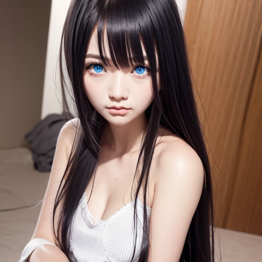 girl with blue eyes, dressed in emo style, black and pink hair, long bangs, cute face, cute girl 20 years old.