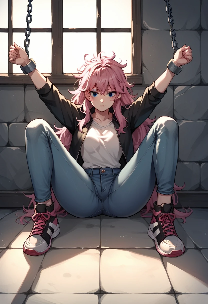 score_9, score_8_up, score_7_up, score_6_up, score_5_up, score_4_up, source_anime, 1woman, floor, pink hair , long hair, black eyes, w-w-chain, shackles, spread arms, messy hair, black topics, jacket, jeans, sneakers, lacing, dungeon, best quality, best res, 4K UHD,
 