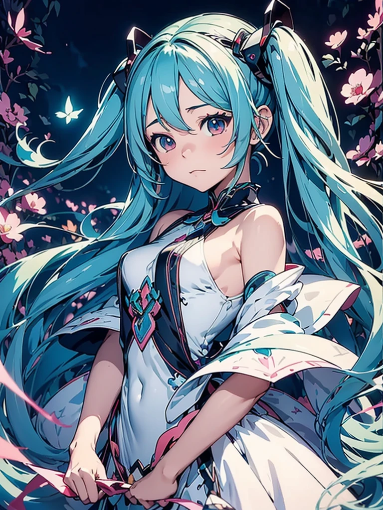 (masterpiece、最high quality、最high quality、Official Art、Beautiful and beautiful:1.2)、(One Girl:1.3)hatsune miku、Twin tails,Beautiful breasts,high quality、Colorful color palette、High resolution、pretty girl、An unprecedented amount of drawing、Anime Style、Geometric background、positive、Sticker Style、Long Hair、Light blue hair、Red eyes