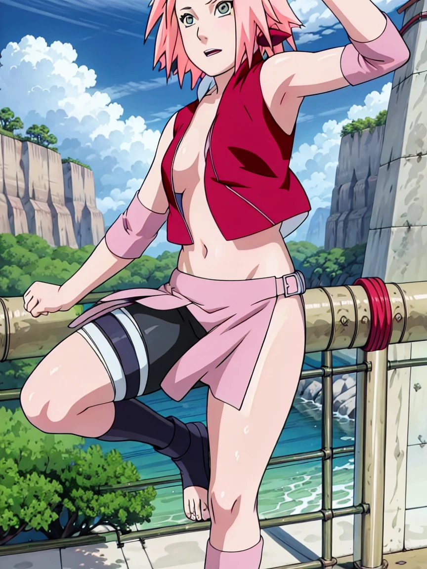 Sakura Haruno nude,wide hips,abdomen,sexy ,Show your armpits,jump,On the tree,IPST, naked,Torn shirt,blushing,sexually aroused, on the bridge,open shirt,Hard nipple,pink nipples,full body