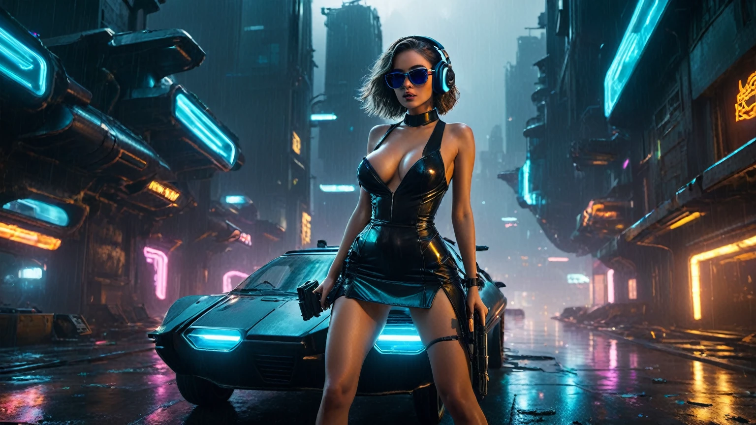 (aerial view, a flying cars docking platform, a very dark abandoned futuristic city, neon lights), rainy night. 1girl, solo, alone, large-breast:1.2 slim body, cleavage:1.1, sexy wind blowing wet dress:1.4, (headphone, black sunglasses), (((she raised a pistol:1.8 and took aim))), dynamic pose, (((half-body thigh level medium shot))), cinematic lighting, lens flare, ray tracing.