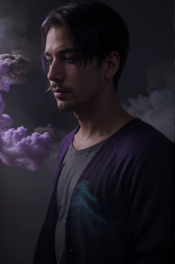 [Ryan Gosling portrait:abstract background:0.5], expressionism, violet tones, mist, smoke, digital art, muted tones, depressive, colorful background 