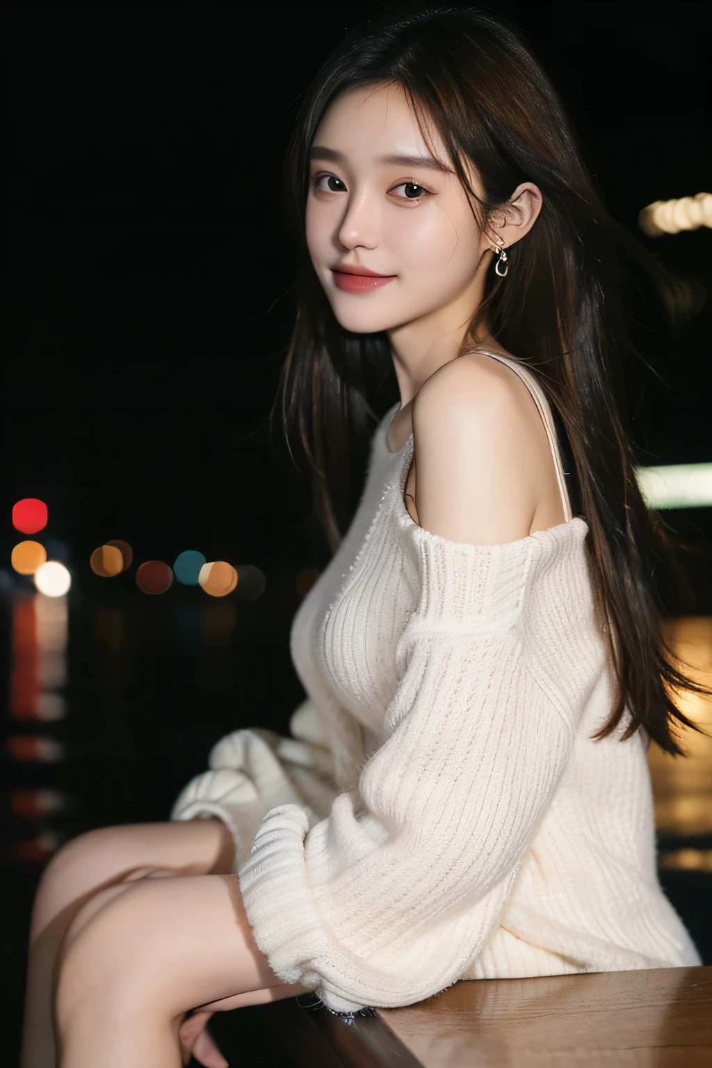 Tabletop, Highest quality, shape, Very detailed, finely, High resolution, 8k wallpaper, Perfect dynamic shape, Finely beautiful eyes, one piece,Medium Hair,Natural color lip, smile,21 years old、cute、Looking into the camera、Brown Hair、Blurred night New York background,Earrings,(Pinkal),Model Pose,
