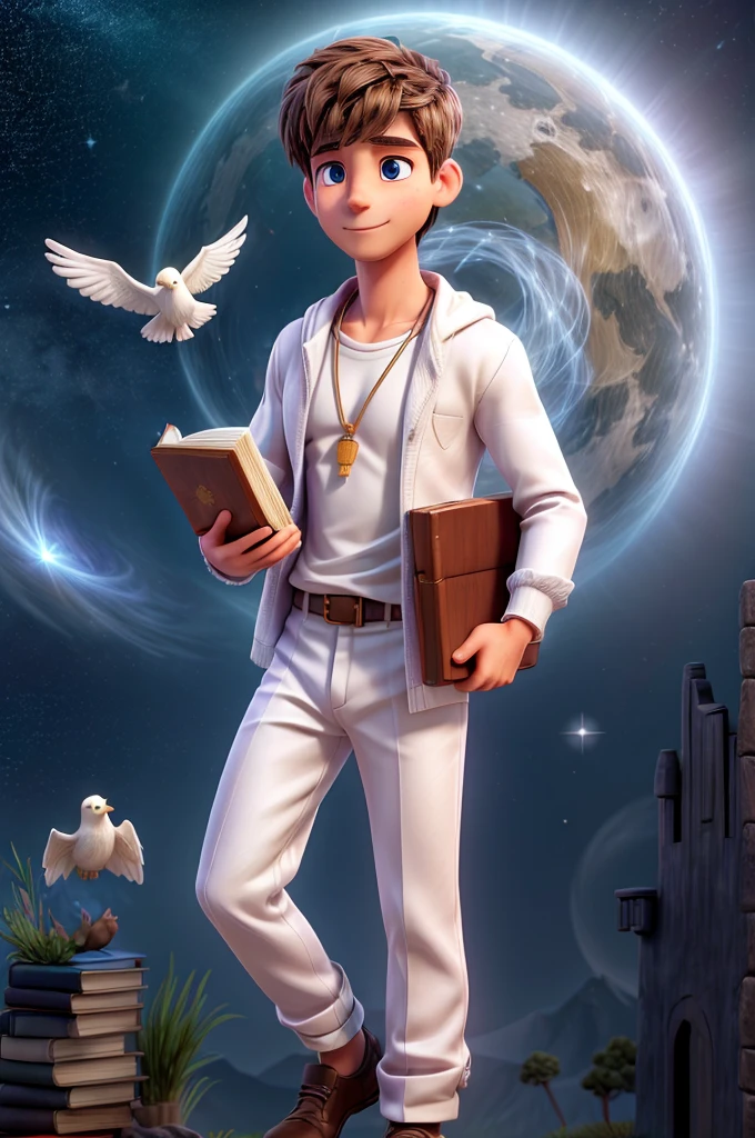 men with white clothes, serene appearance, with a book in their hand, in a spiritual dimension, many colors in the sky, universe with many stars, enchanted energy, beings of light flying in the sky with stars and birds, mystical energy