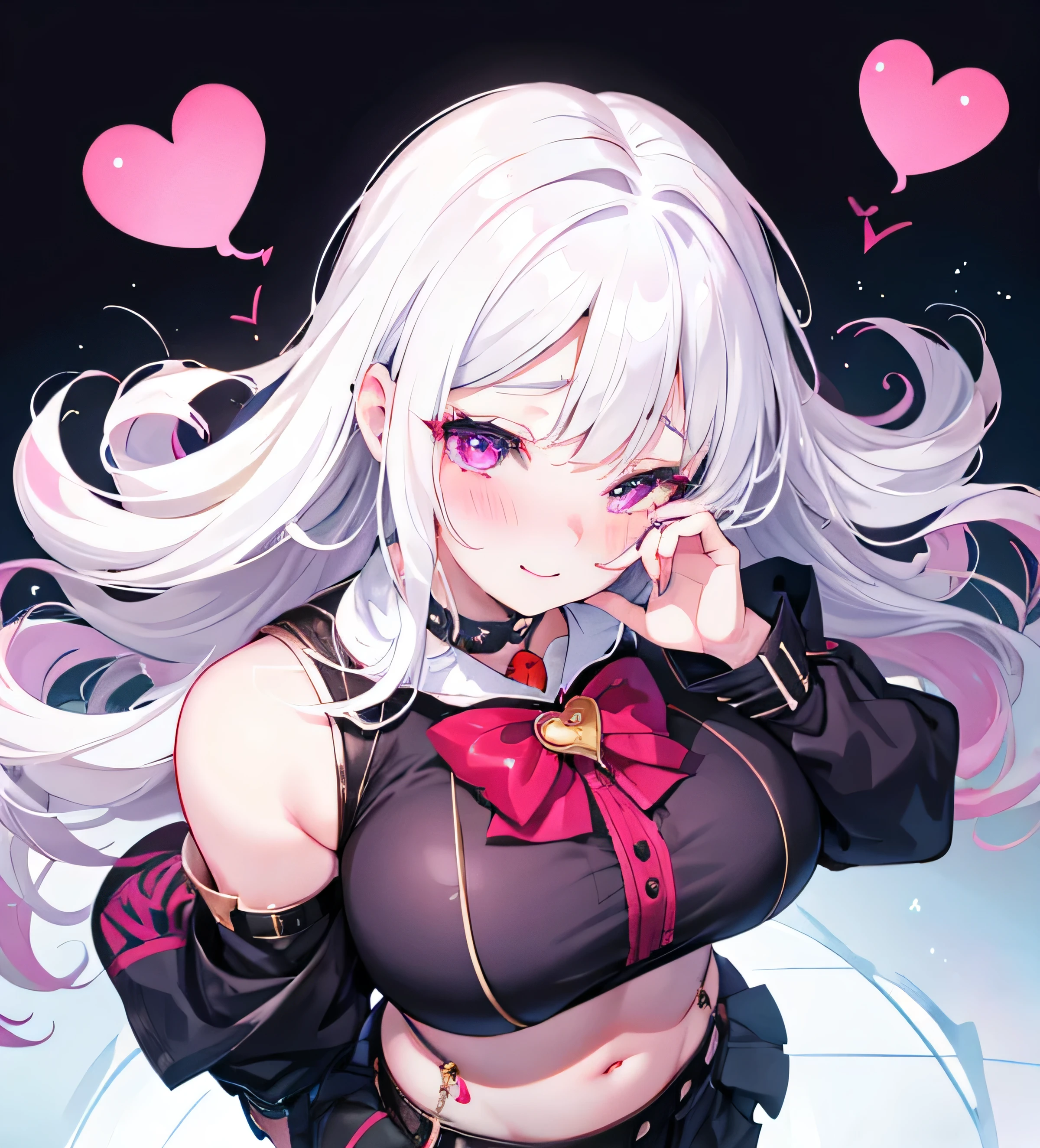 1girl,heart-shaped pupils,fingernails,hands on own face,white hair,purple eyes,(blush:1.1), (from above:1.3),choker,upper body, heart, full body shot, 19 years old, large breasts, triple D cup breasts, round buttocks, bubbly buttocks, wide hips, bubbly ass, ((heavy breathing:1.3)), crop top, happy, smile, vampire, nsfw