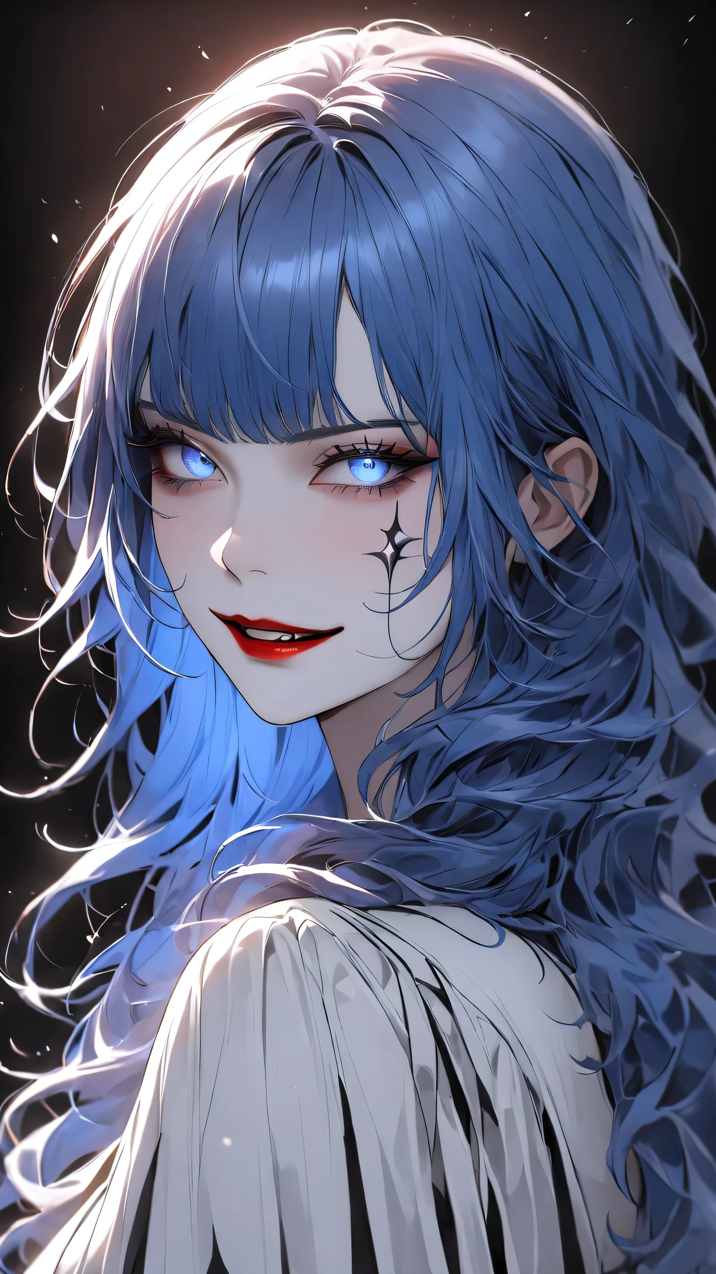 highest quality、masterpiece、1 girl、black background、blue hair:1.5、blue eyes、red lips, white clothes、Black and white world、Black and white world、pale skin、side blade, evil smile 