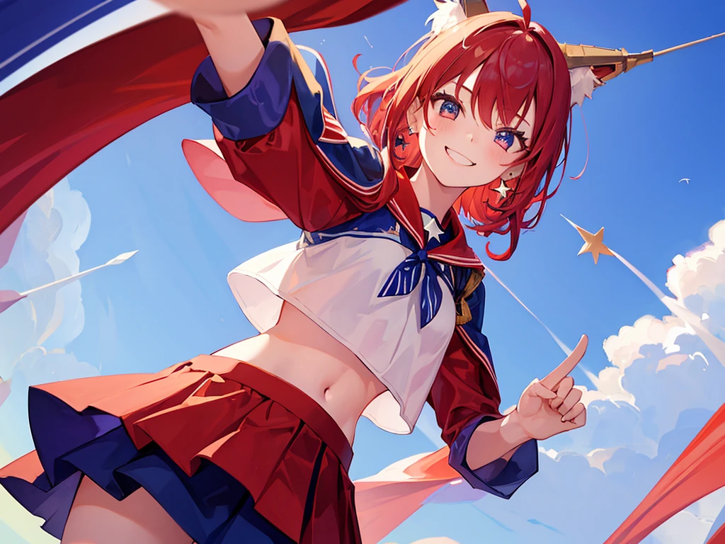 1 Girl of American spirit, Red white and blue hair, smiling, crop top, skirt, star earrings, USA flag cape, Hero pose, dutch angle, side shot