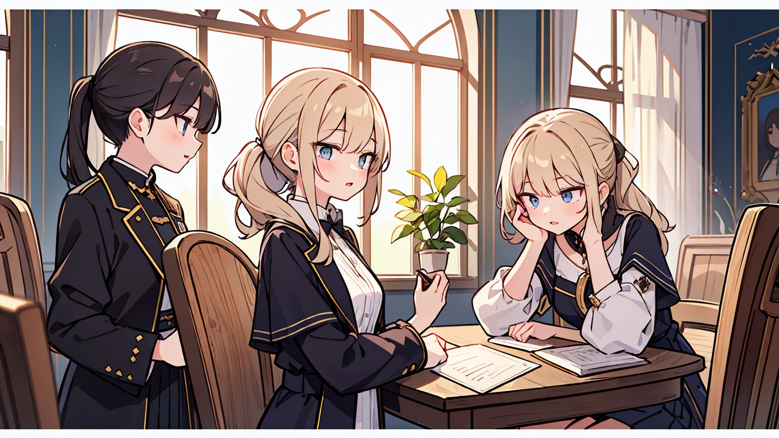 (masterpiece, best quality),Women with different faces and hairstyles, different hair colors, different faces, ponytail, letterboxed, perfection of fashion,chapped lips, old fashioned dress, upper body, from the side,royal banquet hall, The interior has a modern design,study at the table, eyes look at the note, together, stylish outfit,