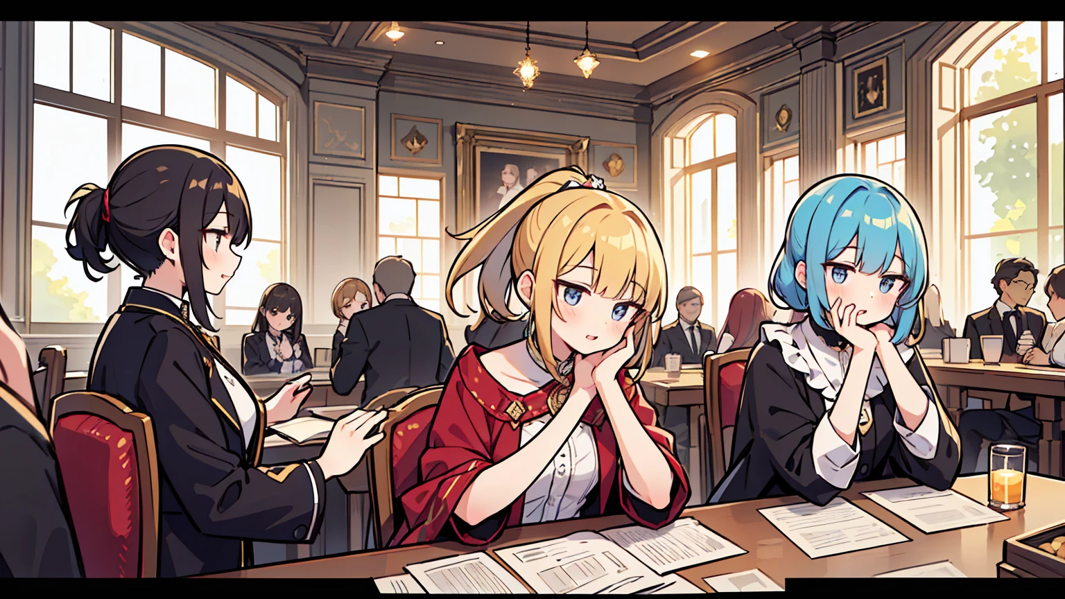 (masterpiece, best quality),Women with different faces and hairstyles, different hair colors, different faces, ponytail, letterboxed, perfection of fashion,chapped lips, old fashioned dress, upper body, from the side,royal banquet hall, The interior has a modern design,study at the table, eyes look at the note, together, stylish outfit,