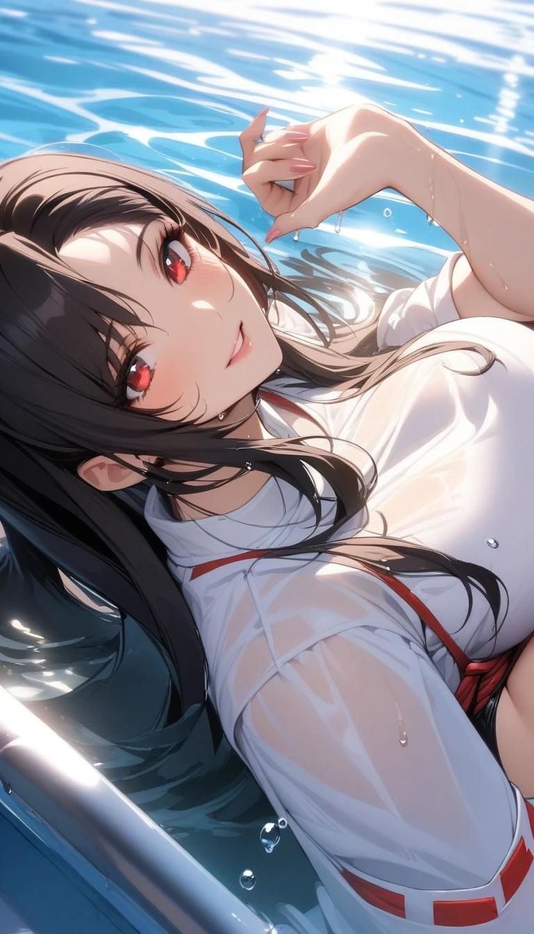 masterpiece, best quality, very aesthetic, absurdres, 1girl, mature_lady,white_clothes,miko_clothes,,tifa lockhart, final fantasy, long black hair, red eyes,,in swimming pool,floating droplets of water,