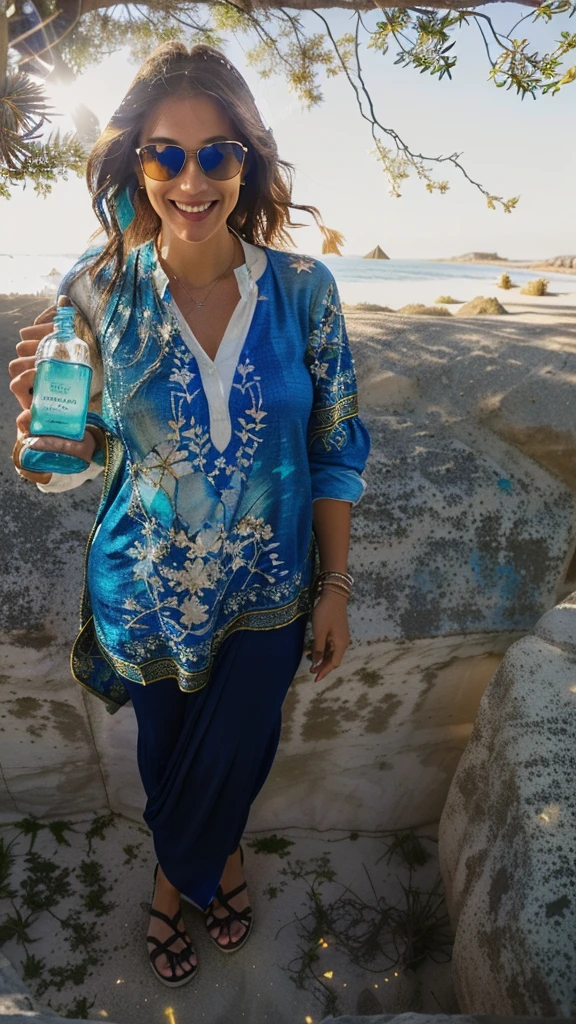 smiling woman in sunglasses holding a blue bottle and a cell phone, Wearing an old tunic, fechar photo by full body, carrying a bottle of perfume, photo by full body, blue tunic, gorgeous lady, full length portrait holding bottle, close to the beach, full body shot shot, shining in the sunlight, por Gwen Barnard, relax!, holding a bottle of arak