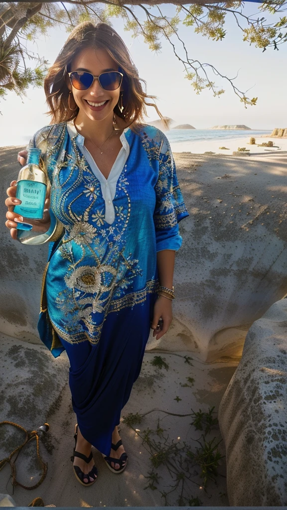 smiling woman in sunglasses holding a blue bottle and a cell phone, Wearing an old tunic, fechar photo by full body, carrying a bottle of perfume, photo by full body, blue tunic, gorgeous lady, full length portrait holding bottle, close to the beach, full body shot shot, shining in the sunlight, por Gwen Barnard, relax!, holding a bottle of arak