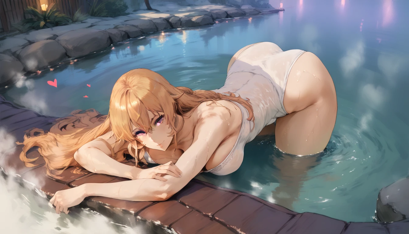 (cutesexyrobutts art style:0.7), (hews art style:0.7), score_9, score_8_up, score_7_up, score_6_up, erina nakiri, long hair, blonde hair, purple eyes, BREAK (masterpiece:1.2), best quality, high resolution, (beautiful detailed eyes:1.3), perfect lighting, (perfect hands, perfect anatomy), hearts, pleasured, large breasts, sagging breasts, 1girl, solo, breasts, wet, ass, water, swimsuit, bent over, looking at viewer, cleavage, towel, seductive smile, bare shoulders, onsen, partially submerged, fog, steaming body, 