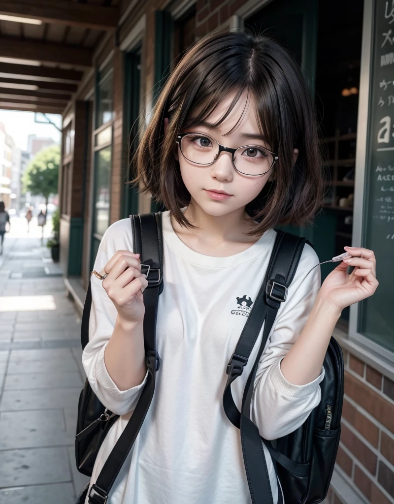 anime girl with glasses and a backpack looking at her phone, as anime character, em anime styling, anime moe art style, no anime styling, hagrid in Cute anime style, anime styling sutil, modern anime style, anime styling semi-realista, personagem de anime styling, Cute anime style, male anime style, anime styling, with glasses, with short hair, without glasses