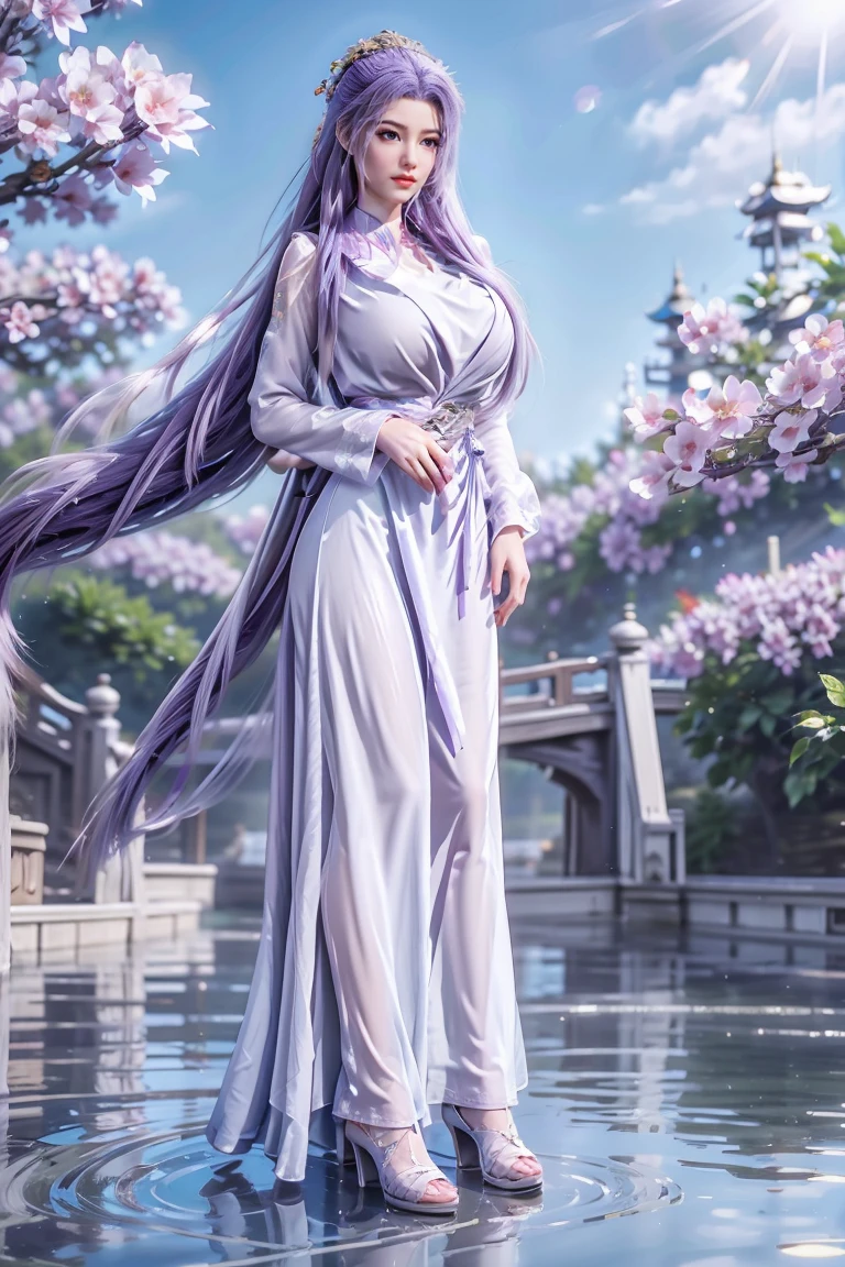 Chinese purple cheongsam，Long legs，Two meters tall，Large Breasts，full-body shot，Wearing purple high heels，Swimming