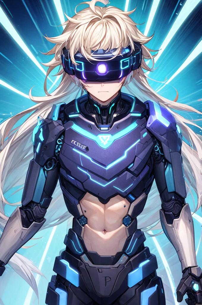 best quality, head-mounted display,
(1 boy), twink, exposed abdomen, surrounded by azure neon, blone short messy hair, floating azure hair, NodesTech mascara, NodesTech headdress, long hair, ethereal hair, multicolored azure hair,
BREAK sci-fi background, detailed background, wearing crop top cyborg armor, azure neon background, data space