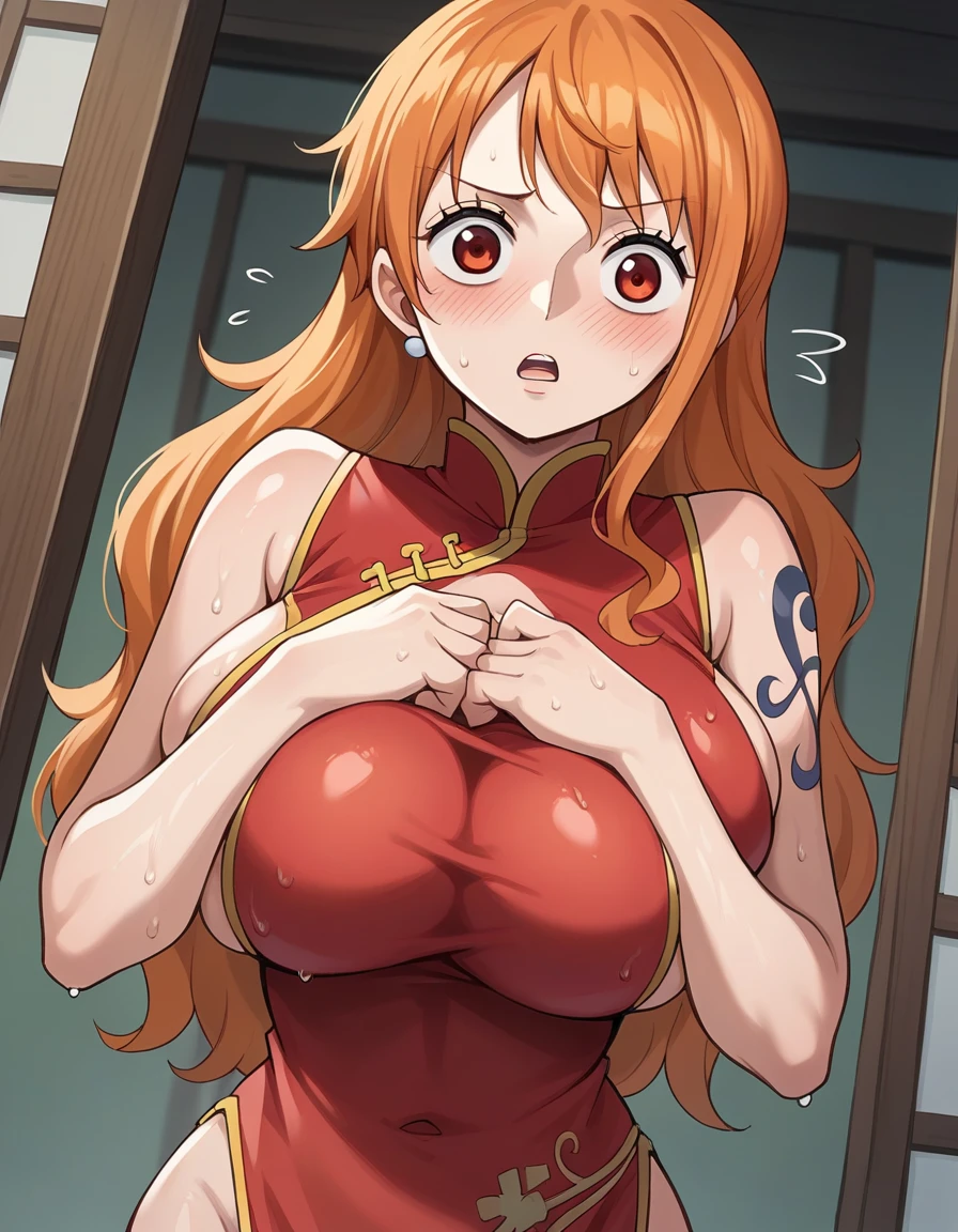 score_9, score_8_up, score_7_up, source_anime, best quality, clear face, Nami, orange hair, orange eyes, long hair, large breasts, perfect body, standing, looking at viewer, shocked, china dress, red clothes, dynamic angle, indoor, wet clothes,blushing,embrassed,see though clothes,big boob,hands on boob, view from below,bend over