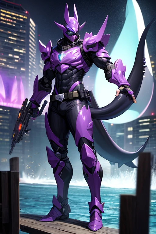 ((best quality)), ((masterpiece)), (detailed), 1 male, full body, 25 years old, masked, purple mask covering his entire head, smooth head, mask covering his mouth, 1 small shark fin-shaped crest on his head, diving mask, angry expression, black collar, tall and strong, very athletic, shark fins, gray details, mechanical shark jaw on his neck, purple fingerless gloves, purple wristbands, water shooters, purple nanotech suit resembling light armor, purple chest with an emblem, green fly emblem on his chest, green emblem, purple pants, shark tail, blue knee pads, metallic purple boots, black superhero belt, standing on a pier by the sea, night city background, anime