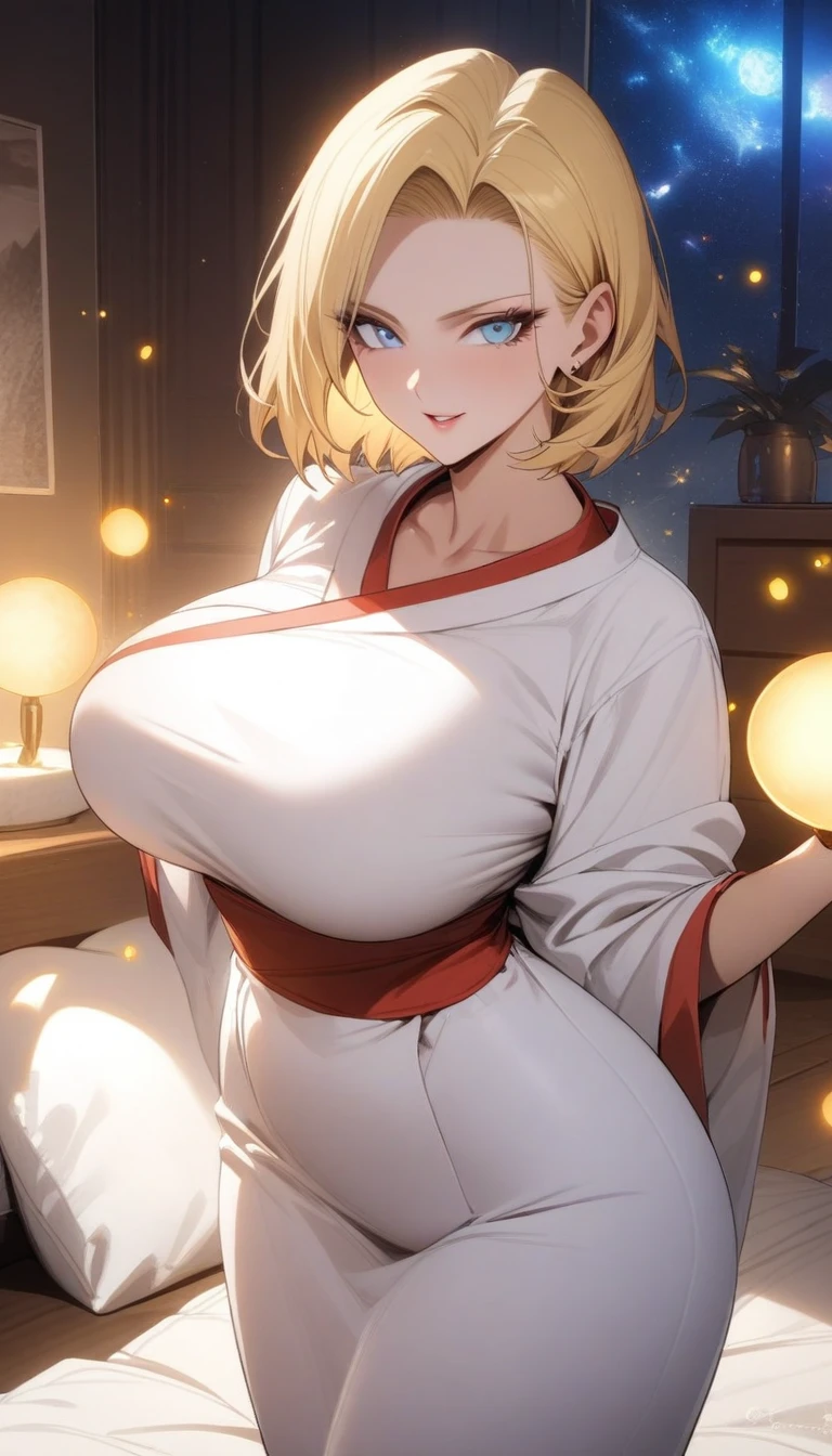 masterpiece, best quality, very aesthetic, absurdres, 1girl, mature_lady,white_clothes,miko_clothes,,Android 18(Dragon Ball), short hair,blonde hair, blue eyes,,in bedroom,glowing stardust frontground,fantasy,sparkling,fireflies,