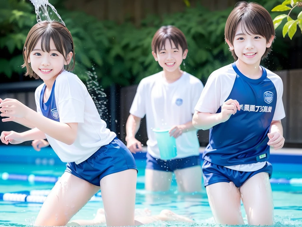 hot summer、primary school、Summer swimming pool、It is sunny、Pouring water on each other、Audible laughter、A lot of boys、Get wet all over、Japan Boy、Glowing water splashes、Pool lessons、Boy playing in water、The happy boys、Strong sunlight、Short sleeve gym uniform、Blue shorts、barefoot,There are only boys 、10age、Highest quality、masterpiece