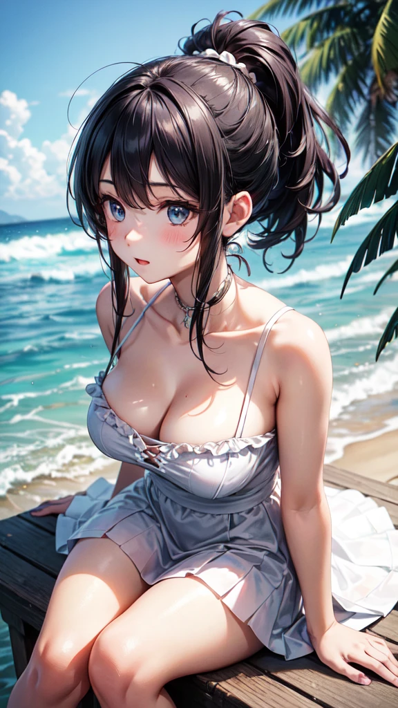Very cute beautiful girl,A white sundress with delicate ruffles,(Very fine beautiful face), (lol),Black Hair, cloth,Beach,Panini,(From above), (Highest quality,masterpiece:1.2),Absurd,High resolution,Very detailed,Very detailed,32K,8k resolution, Intricate details,Movie Scenes,Detailed Background,Lonely,Dynamic Angle, Natural light,Hair blowing in the wind,Beautiful and detailed sky, (practical),ponytail,lol顔がかわいい全体像,Large breasts,Sitting,Have a shell
