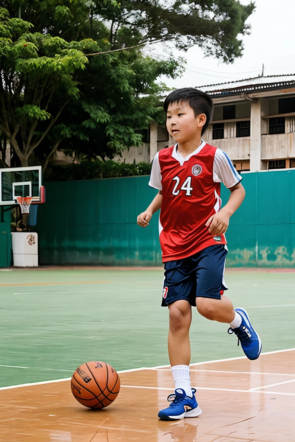 A 9-year-old Vietnamese boy plays basketball in the school yard
