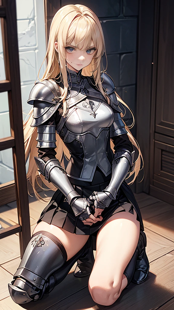 {{masterpiece}}, {{{best quality}}},{{ultra-detailed}}, {{illustration}},{{tall stature}},{{adult women}},((Sweatをかいて不機嫌な女剣士)),Small breasts,Slender,{{armor}}, {{{Knee protection}}},((mini skirt)),Over-the-knee leather boots,Armor Chest Breast Armor Get down on one knee V-shaped eyebrows Sweat Gauntlet A strong expression blunt bangs Blonde long hair 1 female,alone, inside a prison cell kneel down on one knee