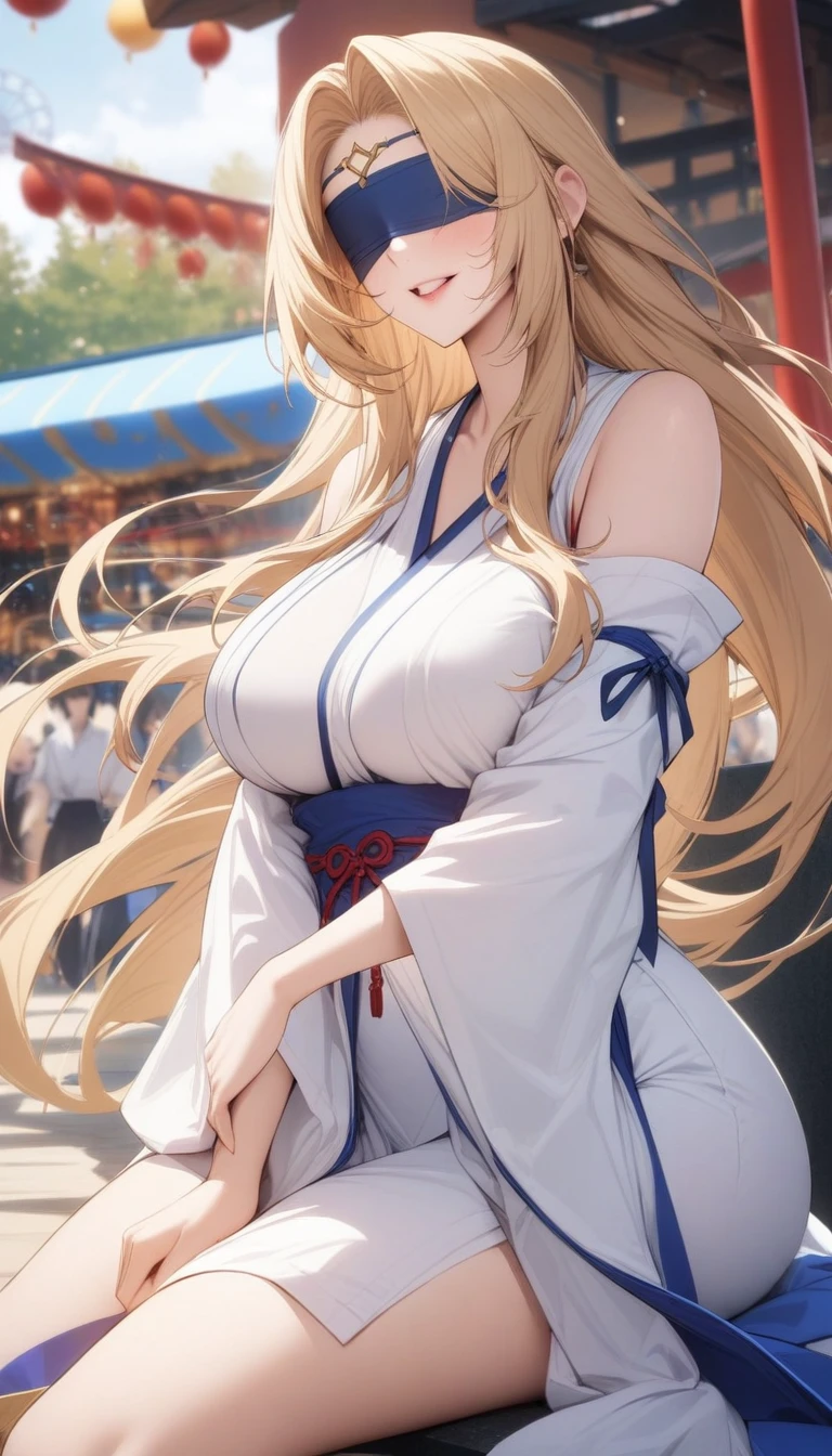 masterpiece, best quality, very aesthetic, absurdres, 1girl, mature_lady,white_clothes,miko_clothes,,sword_maiden, long hair,blonde, black_blindfold,,in an amusement_park,floating_hair,