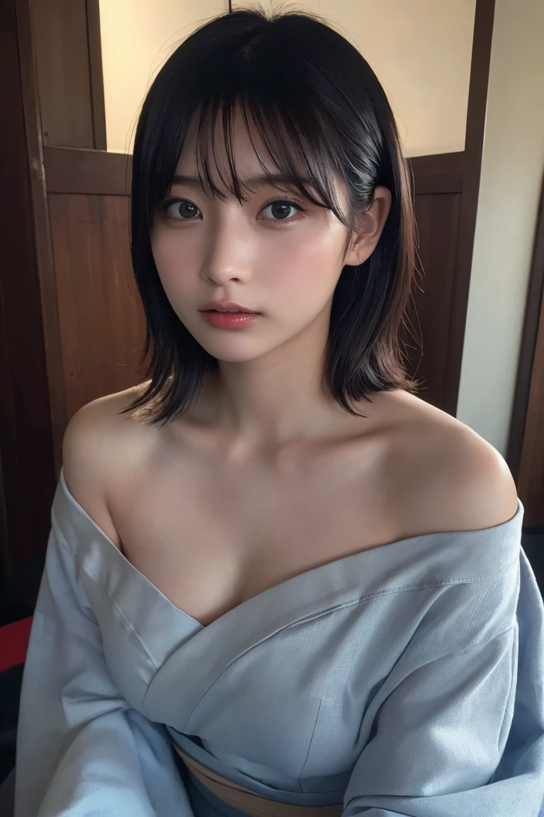 (Highest quality:1.4),(masterpiece:1.4),(Realistic:1.4),(Realistic:1.2),(超High resolution, RAW Photos:1.4),(High resolution, Very detailed:1.2),(8K:1.2),Cheki,a photo of a dark-haired,One Girl,alone,(wearing off shoulder Kimono),Big Breasts,((Upper Body:1.3)),Medium Hair,Low image quality、blurred