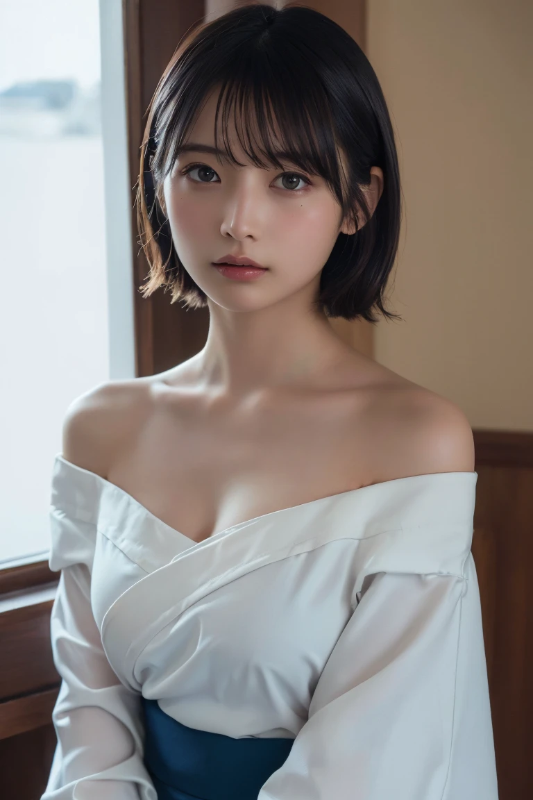 (Highest quality:1.4),(masterpiece:1.4),(Realistic:1.4),(Realistic:1.2),(超High resolution, RAW Photos:1.4),(High resolution, Very detailed:1.2),(8K:1.2),Cheki,a photo of a dark-haired,One Girl,alone,(wearing off shoulder Kimono),Big Breasts,((Upper Body:1.3)),Medium Hair,Low image quality、blurred
