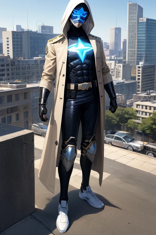 ((best quality)), ((masterpiece)), (detailed), 1 boy in a trench coat standing on a building, full body, 19 years old, masked, white mask covering his entire head and hair, mask, black protective glasses, blue eyes, black face mask, no hair, tall and slender, thin, long beige trench coat, open trench coat showing his emblem, black fingerless gloves, white wristbands, white superhero armor, white chest with emblem, luminous blue "I" letter emblem on chest, blue I-shaped emblem, letter I, black pants, white knee pads, metallic white shoes, superhero belt, nanotechnology in the air, city background, anime