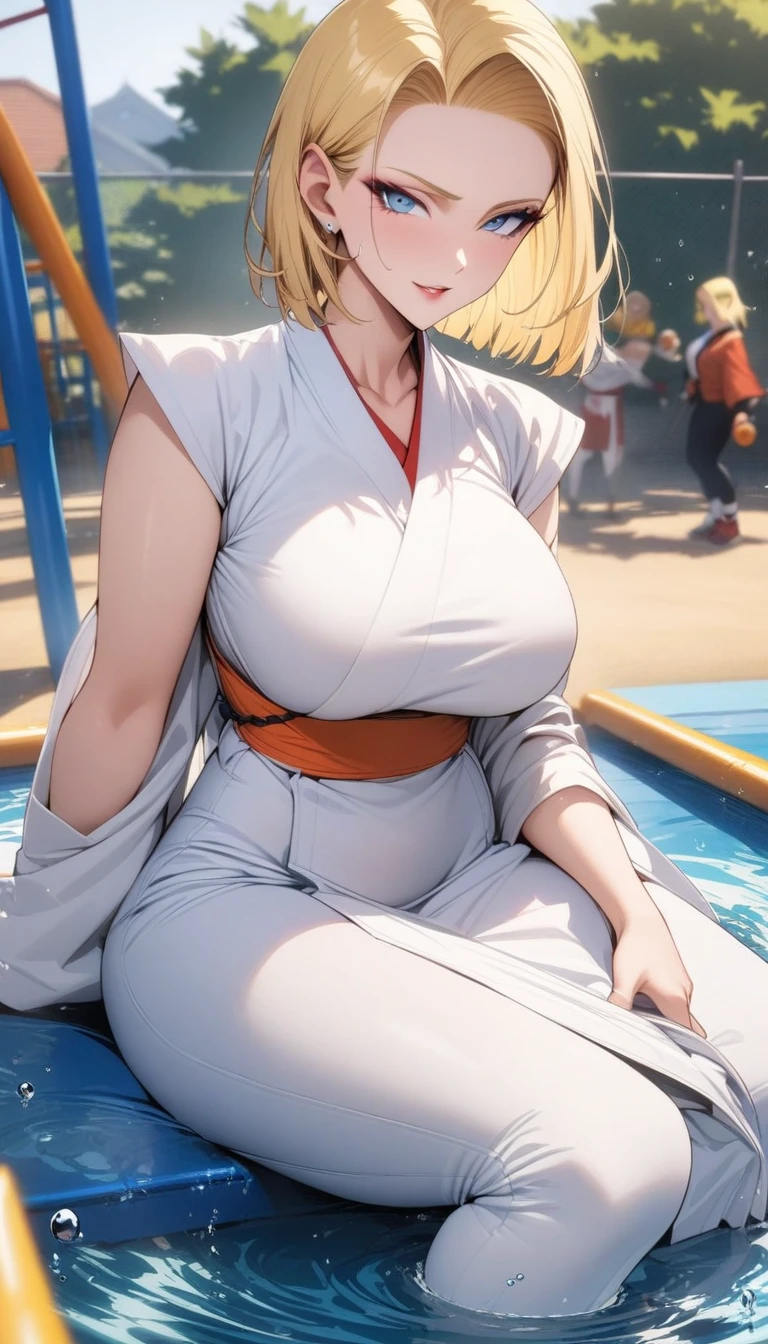 masterpiece, best quality, very aesthetic, absurdres, 1girl, mature_lady,white_clothes,miko_clothes,,Android 18(Dragon Ball), short hair,blonde hair, blue eyes,,in a playground,floating droplets of water,