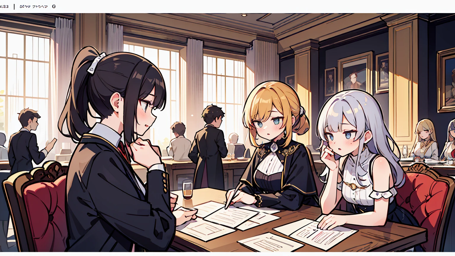 (masterpiece, best quality),Women with different faces and hairstyles, different hair colors, different faces, ponytail, letterboxed, perfection of fashion,chapped lips, old fashioned dress, upper body, from the side,royal banquet hall, The interior has a modern design,study at the table, eyes look at the note, together, stylish outfit,
