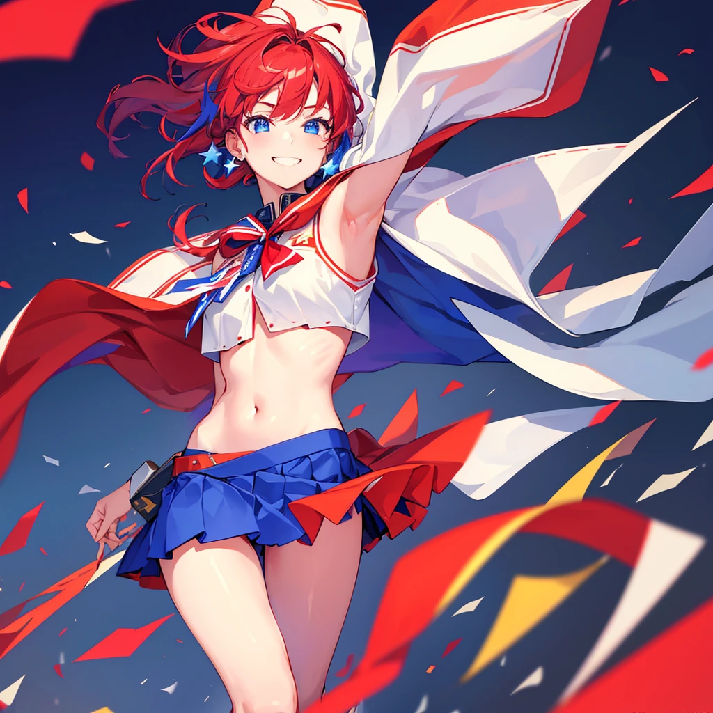 1girl, smiling, red white and blue hair, crop top, skirt, star earrings, USA flag cape, heroic pose, dutch angle, side shot, (best quality,4k,8k,highres,masterpiece:1.2),ultra-detailed,(realistic,photorealistic,photo-realistic:1.37),vivid colors,dynamic composition,American spirit,patriotic,heroic,vibrant,powerful,confident