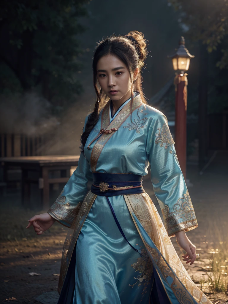 Chinese style illustration, chinese clothes, hanfu,A female hero wields two swords, surrounded by clouds and mist. She steps on the auspicious clouds and rides on the clouds., A strong light shines behind her back, ,chinese clothes, hanfu, detailed , splendid, golden light, Extraordinary momentum , majestic, Magnificent, shining, surrealistic portrait, fantasy atmosphere ,(intricate details, hyperdetailed:1.3),  motion blur,  (Glowing ambiance, enchanting radiance, luminous lighting, ethereal atmosphere, mesmerizing glow, evocative hues, captivating coloration, dramatic lighting, enchanting aura), guofeng, Chinese style,official art,extremely detailed CG unity 8k wallpaper,