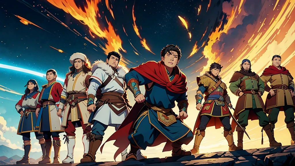 Kazakh animation, Characters, style, culture, Characters, hero, warriors stand in line
