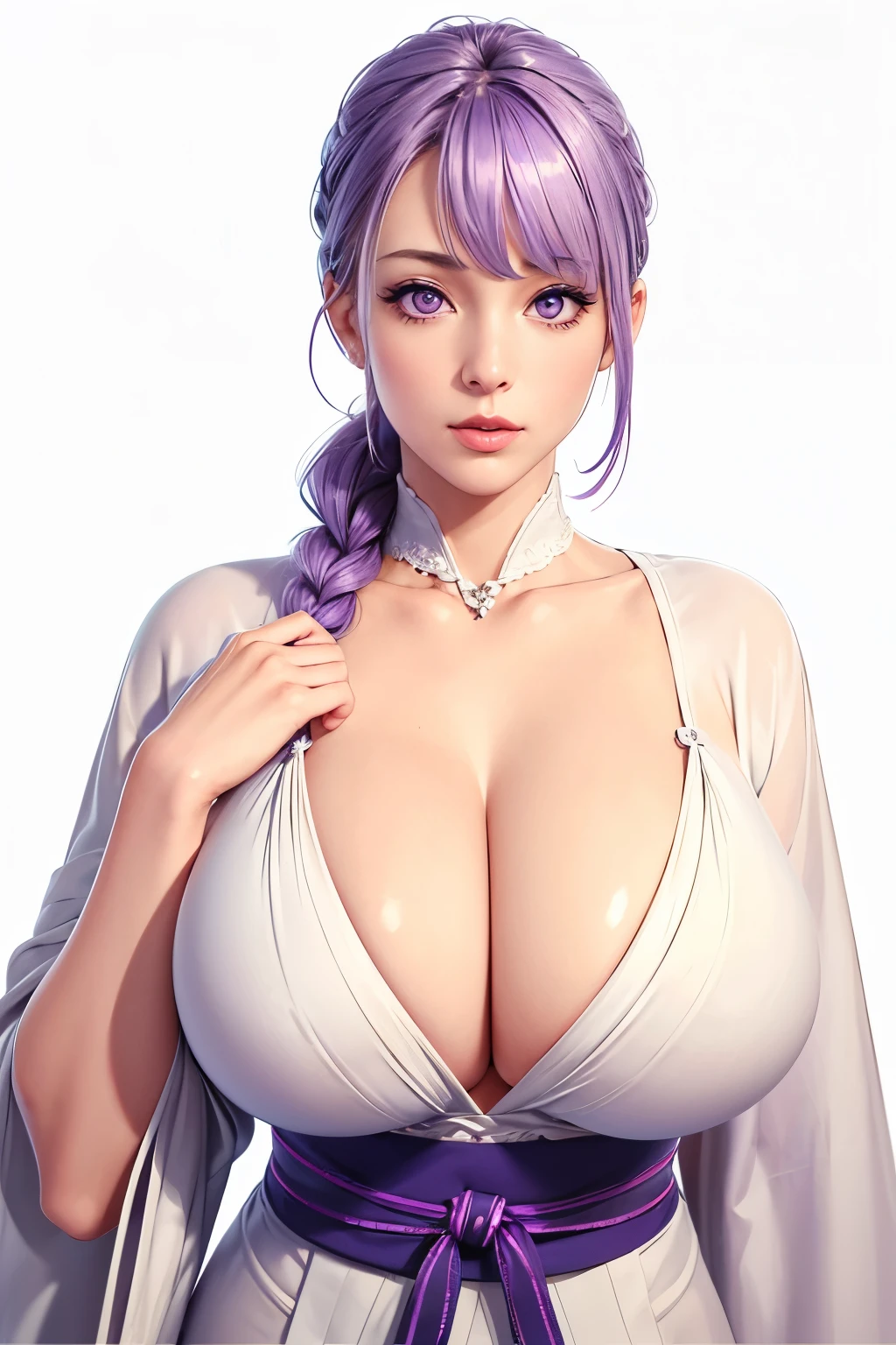 （（（Perfect figure，figure，solo， （（（White kimono,long sleeves, wide sleeves, ））），（（（purple hair, long hair, hair pulled back,parted lips,purple eyes, Single braid,））），((masterpiece)),high resolution, ((Best quality at best))，masterpiece，quality，Best quality，（（（ Exquisite facial features，Looking at the audience,There is light in the eyes，(（（lol，Happy，））），））），（（（Light and shadow，Huge breasts））），（（（Looking at the camera，White background)）））