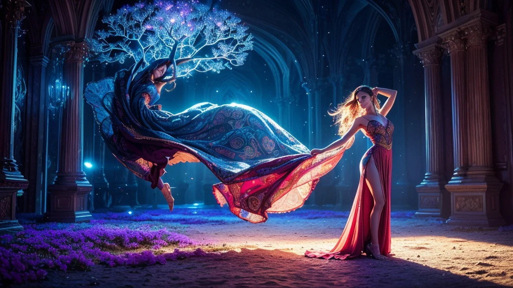 beautiful woman in a long dress dancing in a fantastical place, 1girl, intricate details, elegant dance pose, dramatic lighting, vibrant colors, fantasy landscape, cinematic composition, dreamlike atmosphere, vivid imagination, (best quality,4k,8k,highres,masterpiece:1.2),ultra-detailed,(realistic,photorealistic,photo-realistic:1.37)
