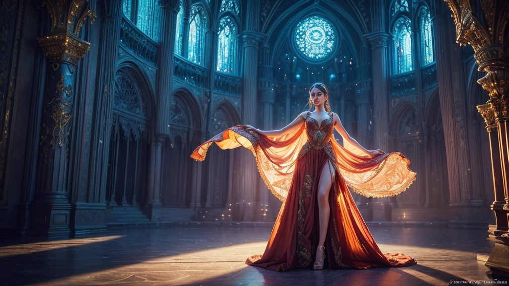 beautiful woman in a long dress dancing in a fantastical place, 1girl, intricate details, elegant dance pose, dramatic lighting, vibrant colors, fantasy landscape, cinematic composition, dreamlike atmosphere, vivid imagination, (best quality,4k,8k,highres,masterpiece:1.2),ultra-detailed,(realistic,photorealistic,photo-realistic:1.37)