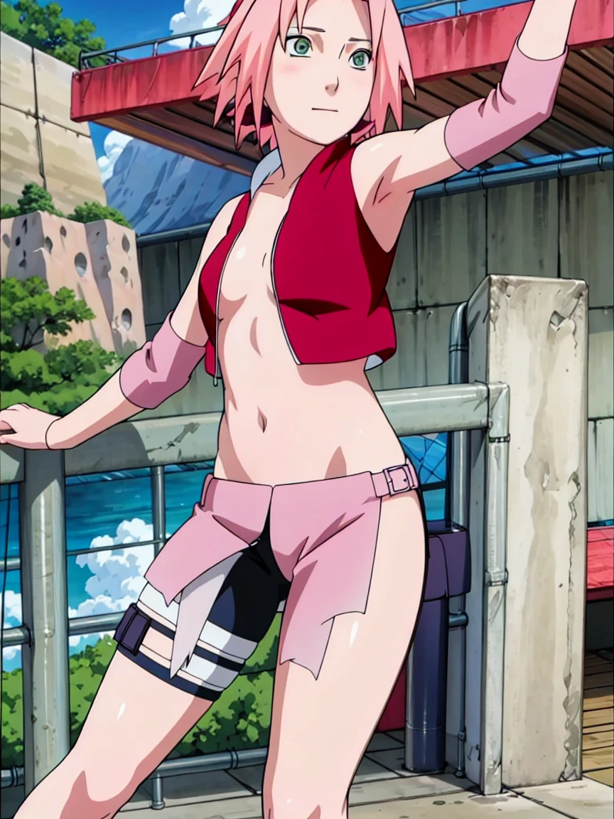 Sakura Haruno nude,wide hips,abdomen,sexy ,Show your armpits,jump,On the tree,IPST, naked,Torn shirt,blushing,sexually aroused, on the bridge,open shirt,Hard nipple,full body