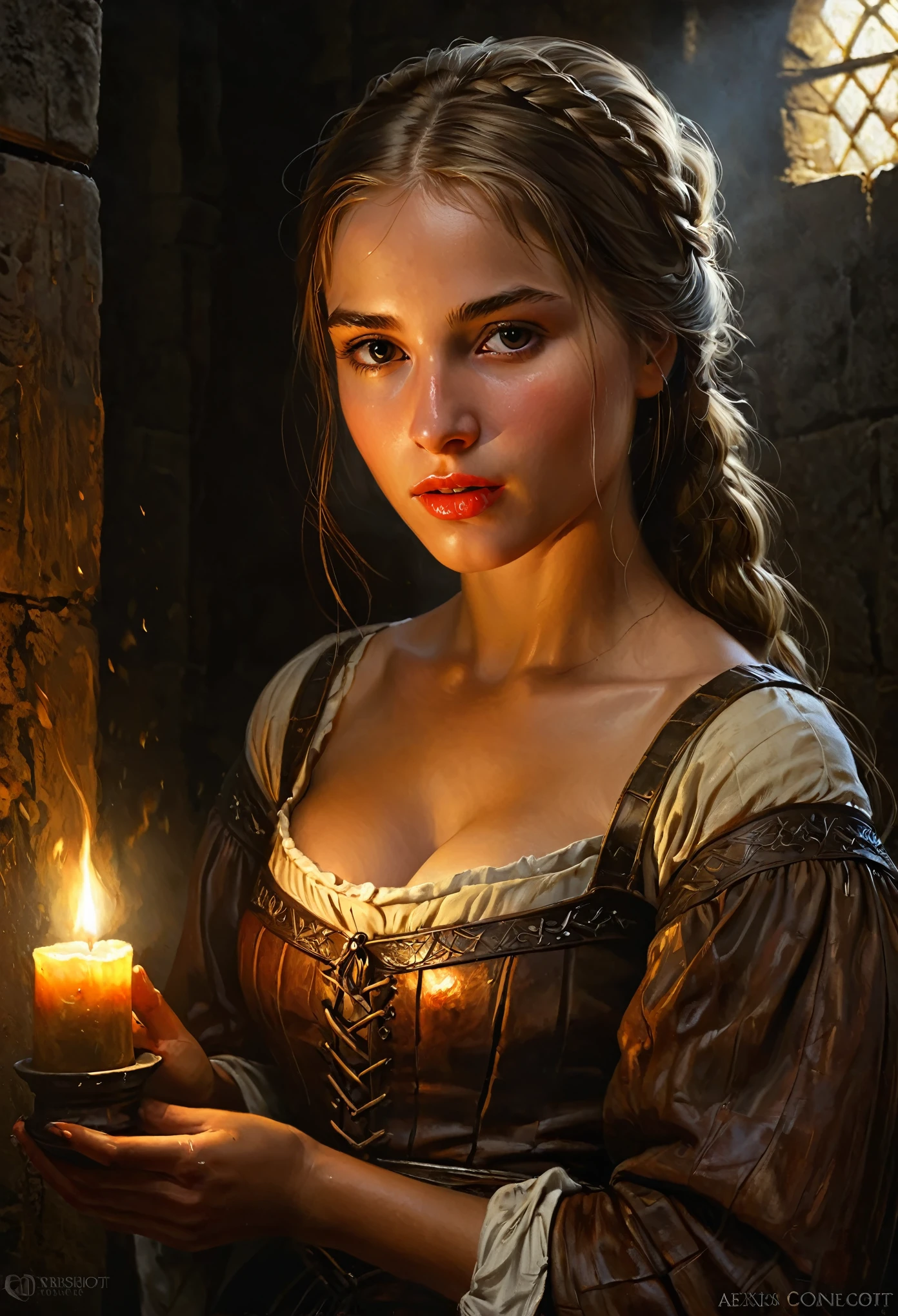 Style by Style Style Crypt Award winner, Spectacular oil painting of a beautiful medieval peasant girl, ****, (seductive expression:1.2), erotic espression, an ominous, evil, (Backlight:1.3), Digital Painting, concept art, Smooth, Sharp focus, Three-part method, Dark fantasy,Intricate details, art：Alexis Briclot, Medium Shot, (Shallow depth of field:1.3), grin seductively, She is in sexual climax. erotic, sexy, seductive, moistskin, hyper detailed skin texture, 