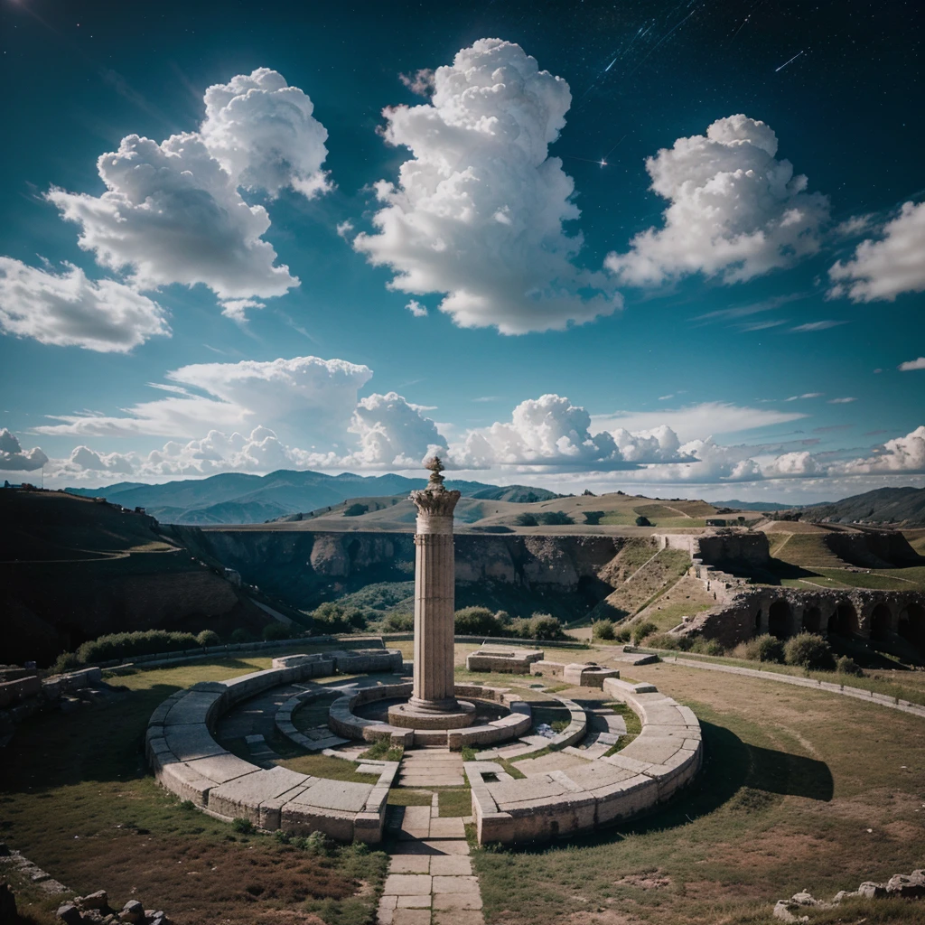 Two Roman pillars in the center. ,There are clouds on the ground, there is the universe in the background. Contains stars and nebulae, 4k unique and realistic.