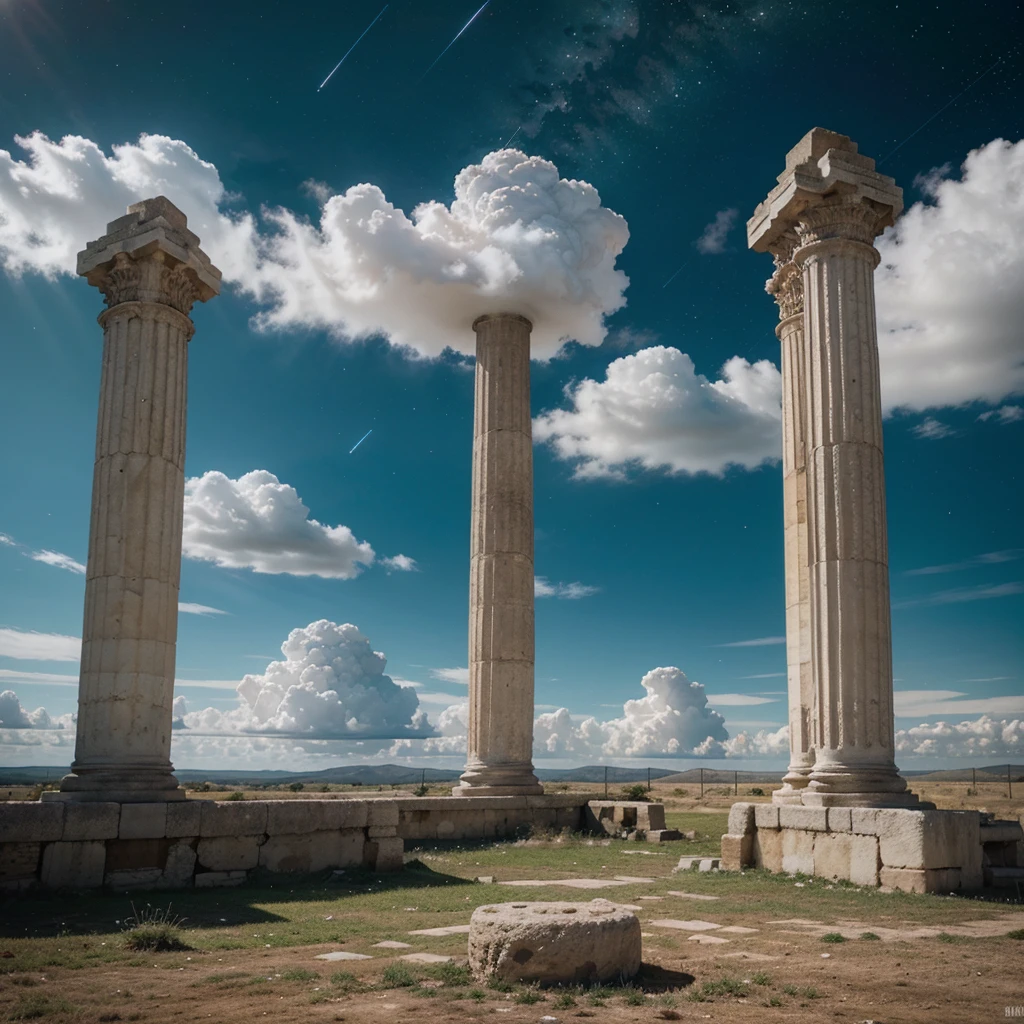 Two Roman pillars in the center. ,There are clouds on the ground, there is the universe in the background. Contains stars and nebulae, 4k unique and realistic.