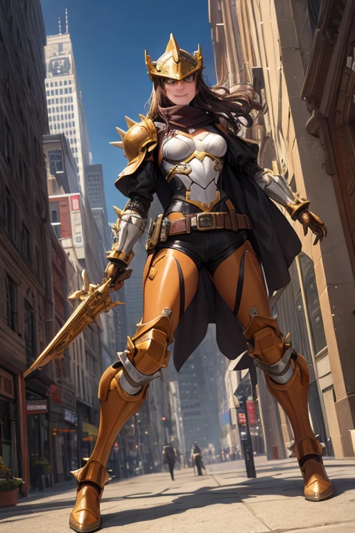 ((best quality)), ((masterpiece)), (detailed), 1 girl, full body, 20s, young adult, brown vintage aviator helmet, spiked helmet, large goggles, evil smile, long white scarf, wavy brown hair with a lock, brown collar, somewhat short, very thin, spikes on forearms, brown details, large brown leather gloves, brown wrist guards, brown nanotech suit, light armor, brown chest with an emblem, high shoulder pads, orange suit with brown stripes, brown tiger stripes, triangular emblem on chest, very small breasts, blue emblem, orange pants, brown knee pads, metallic brown boots, metallic brown shoes, brown superhero belt, standing on a building, city background, anime, holding a small metallic ball with spikes in her hand