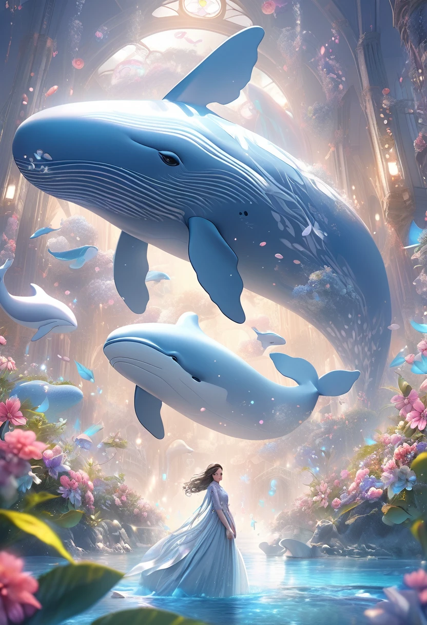 a whimsical fantasy illustration of a flying whale girl in the flower world, beautiful detailed eyes, beautiful detailed lips, extremely detailed eyes and face, longeyelashes, whale girl in the dream world, whalesflying, fantasy flower world landscape, magical atmosphere, soft pastel colors, dynamic posing, cinematic lighting, digital art, concept art, matte painting, (best quality,4k,8k,highres,masterpiece:1.2),ultra-detailed,(realistic,photorealistic,photo-realistic:1.37)